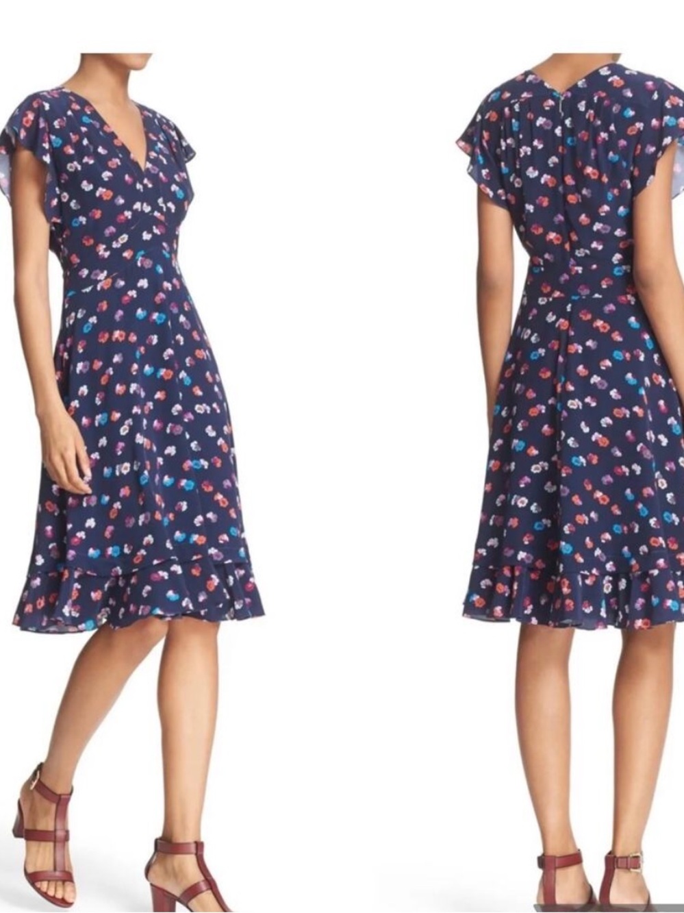 Rebecca Taylor Navy Blue Floral V-Neck  Dress size 8 or 10